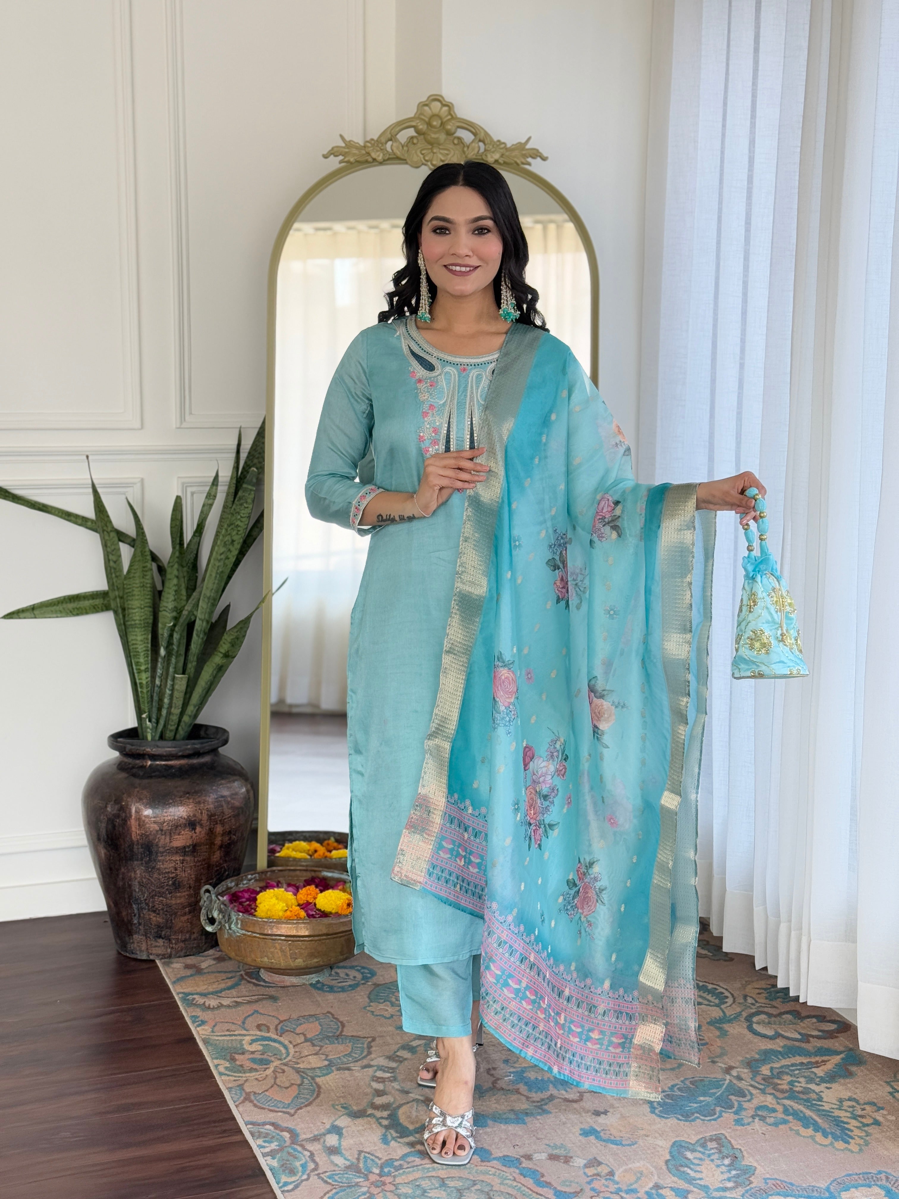Wedding Wear Sky Color Viscose Embroidered Work Straight Kurta Set