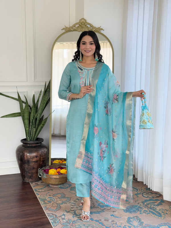 Wedding Wear Sky Color Viscose Embroidered Work Straight Kurta Set