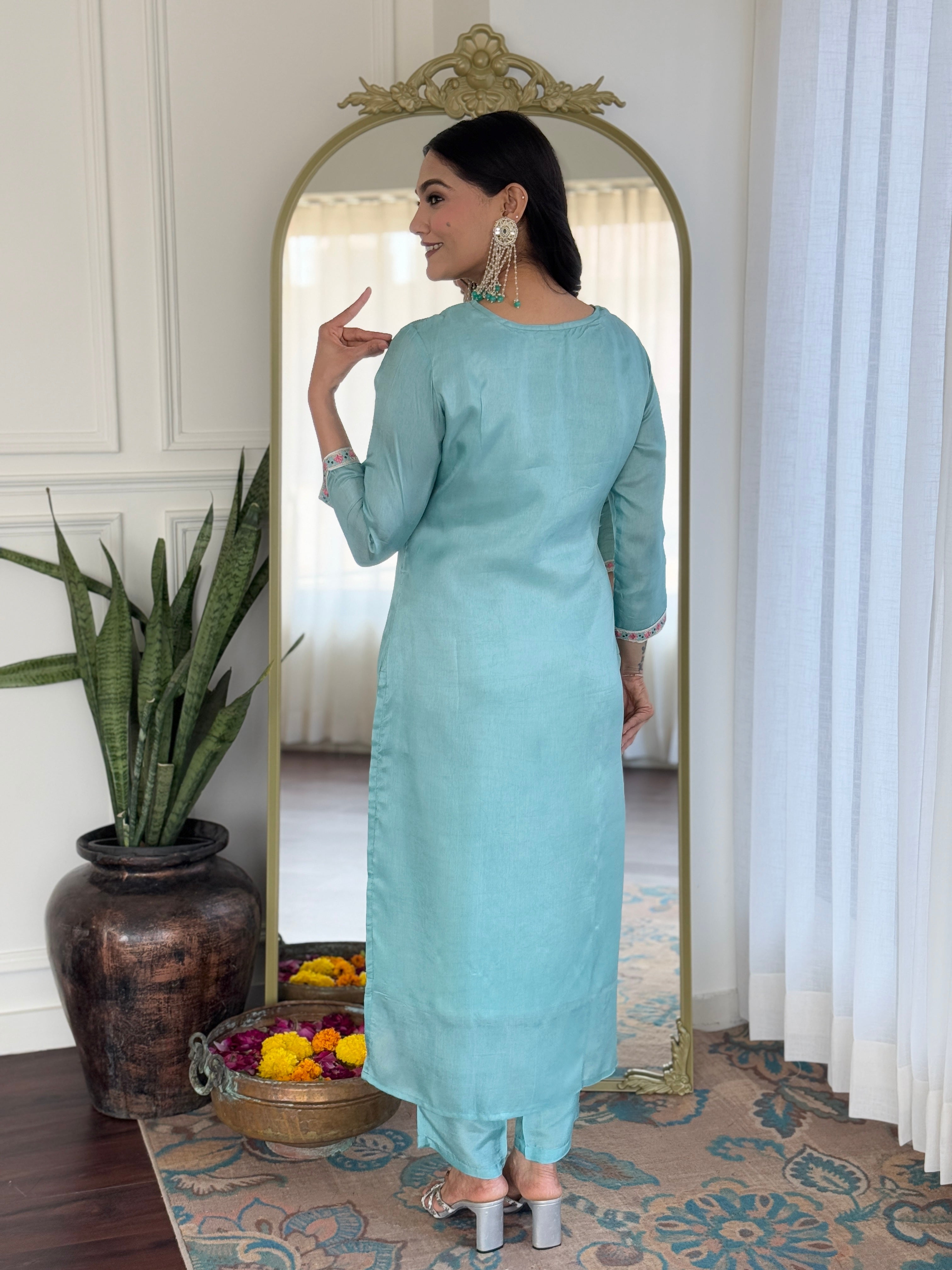 Wedding Wear Sky Color Viscose Embroidered Work Straight Kurta Set