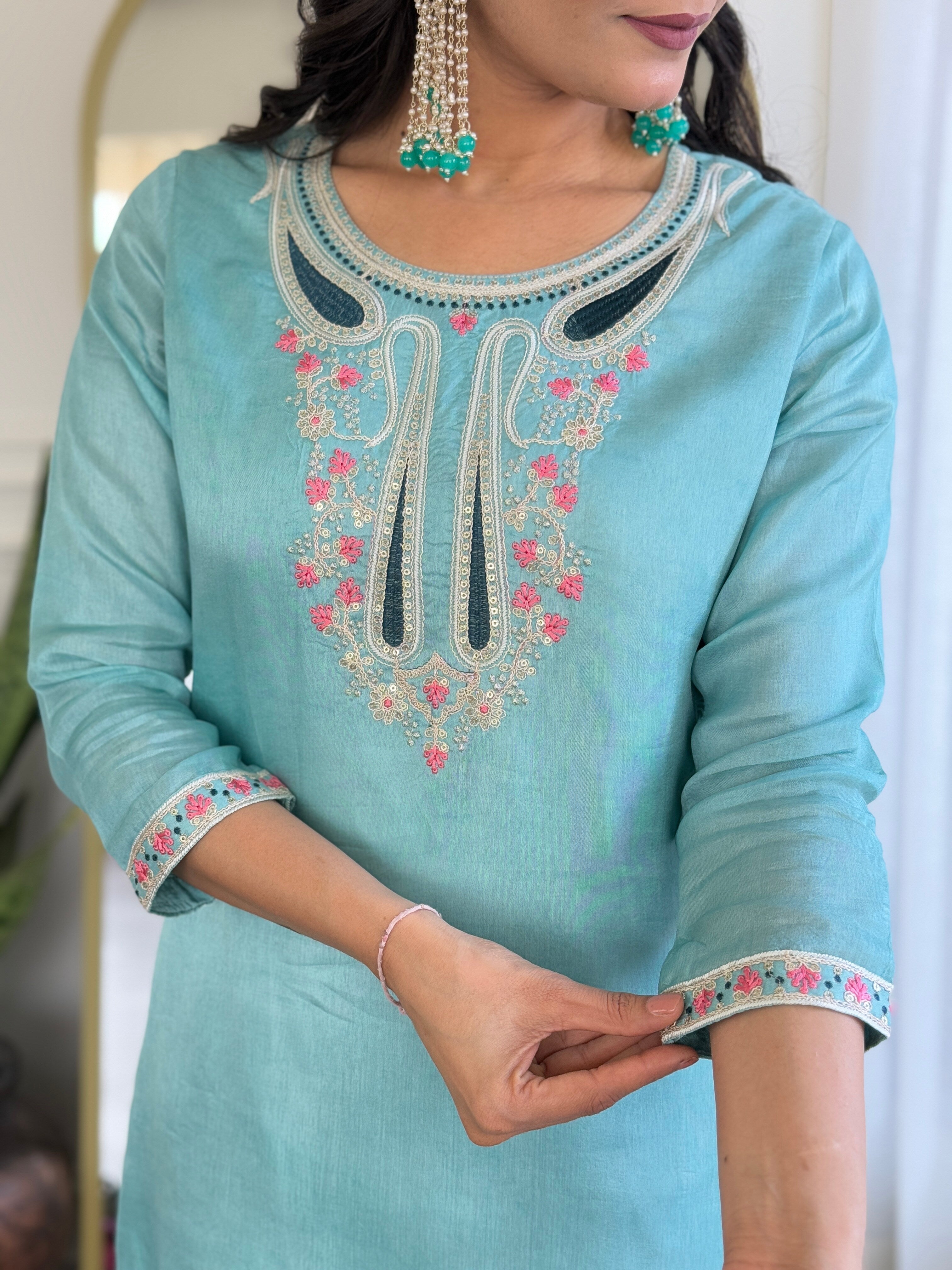 Wedding Wear Sky Color Viscose Embroidered Work Straight Kurta Set