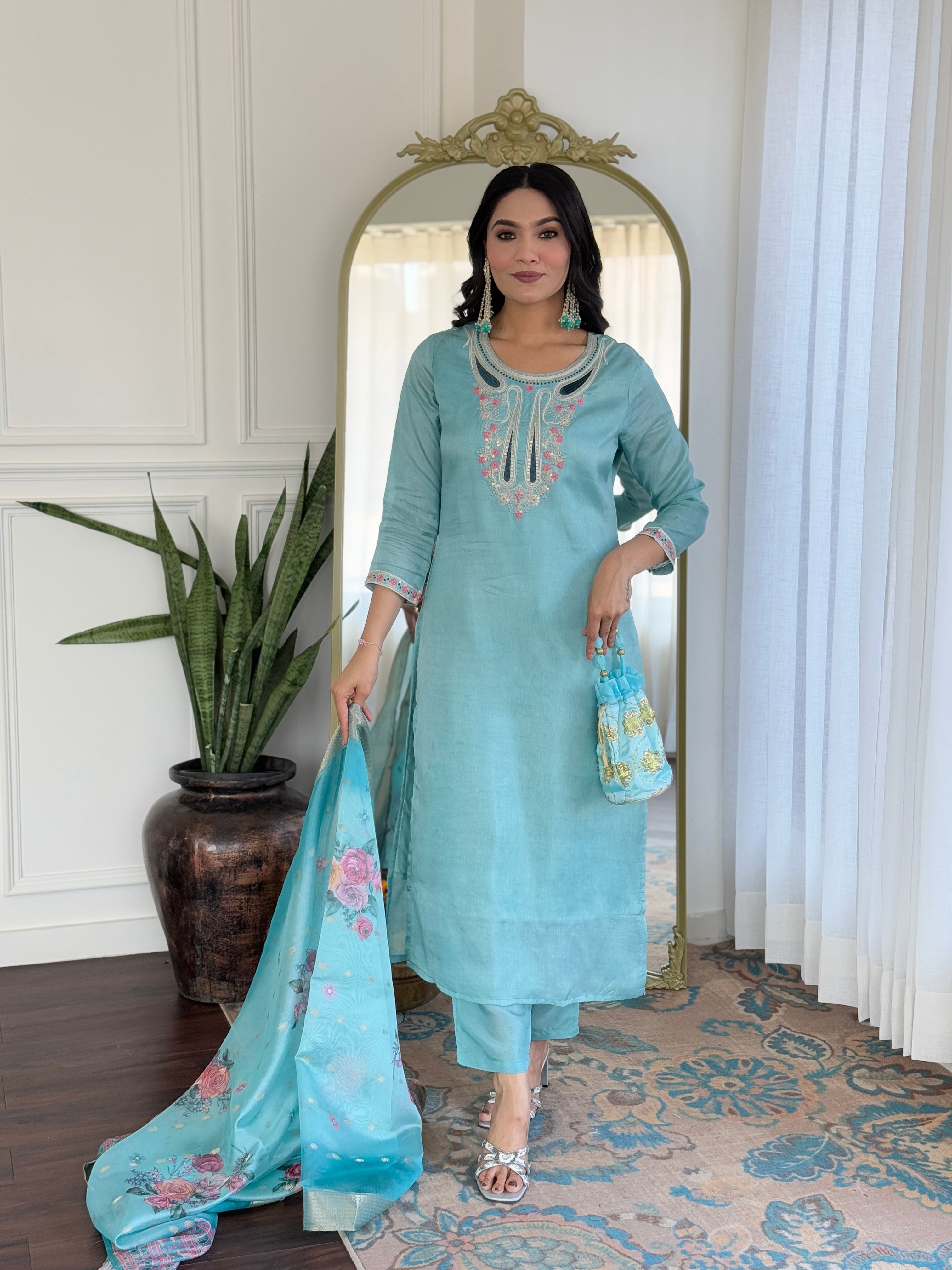 Wedding Wear Sky Color Viscose Embroidered Work Straight Kurta Set