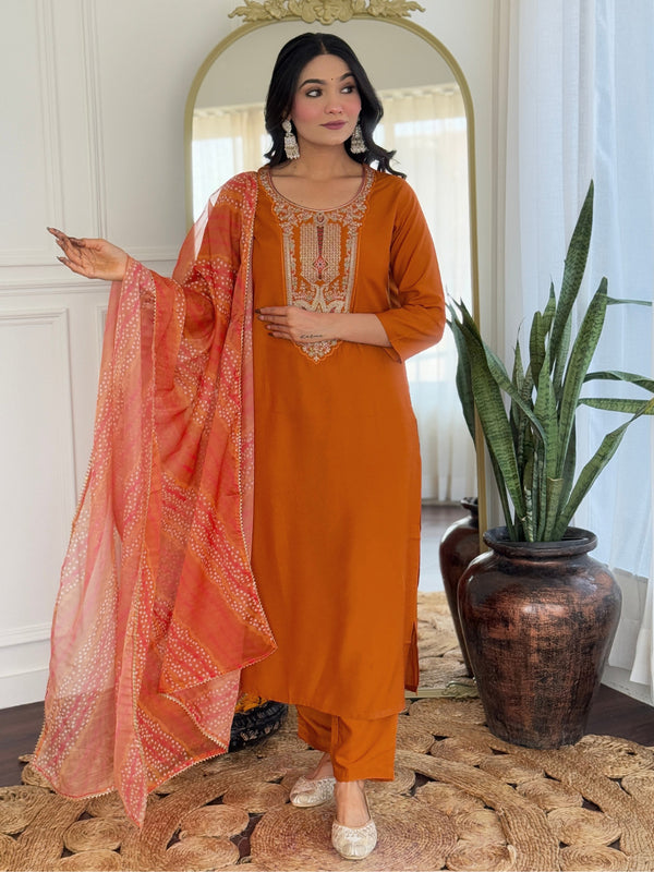 Stylish Orange Color Rayon Embroidered Work Straight Kurta Set