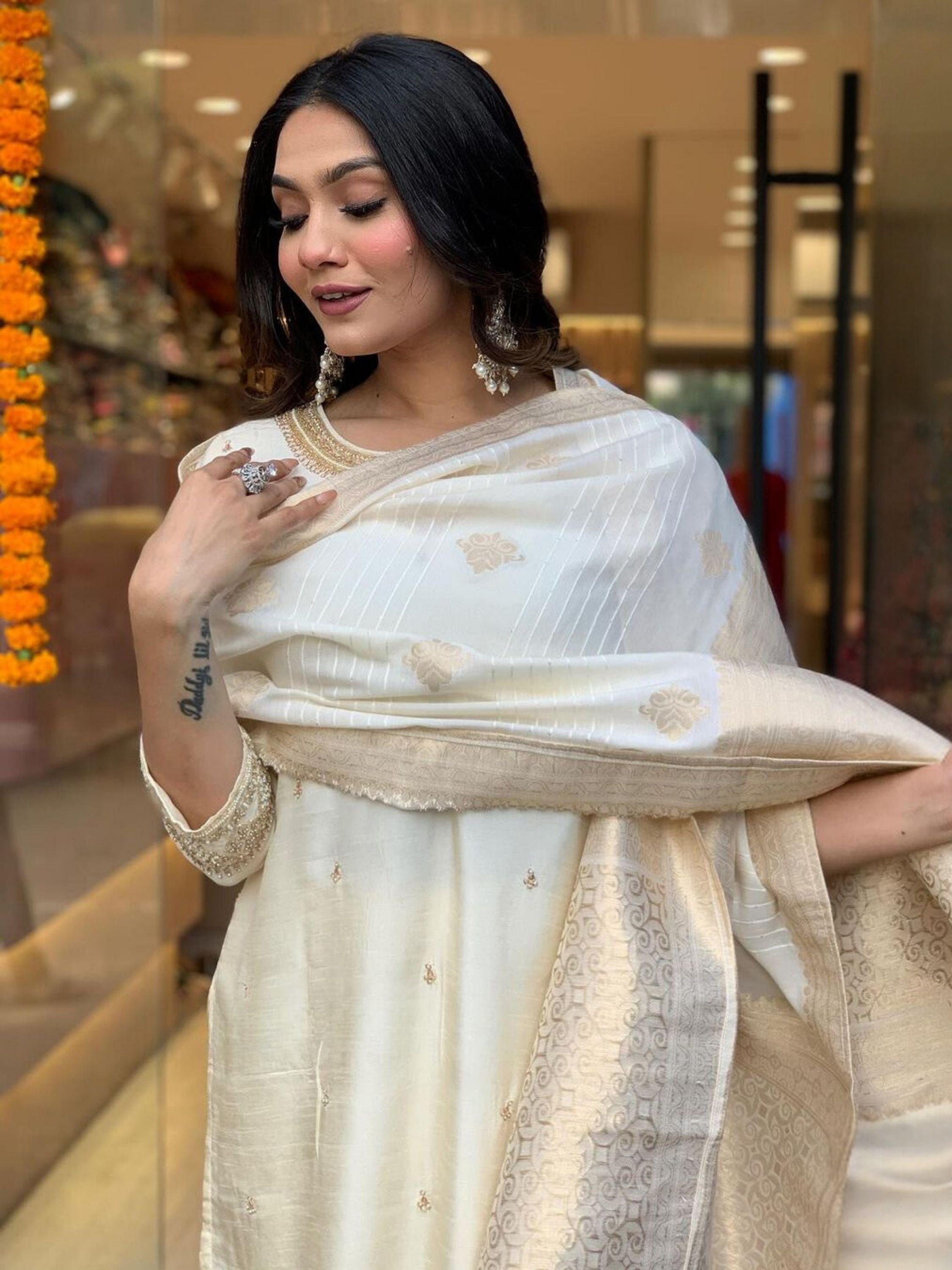 Ceremony Wear Off White Color Viscose Chanderi With Embroidery Straight Kurta Set