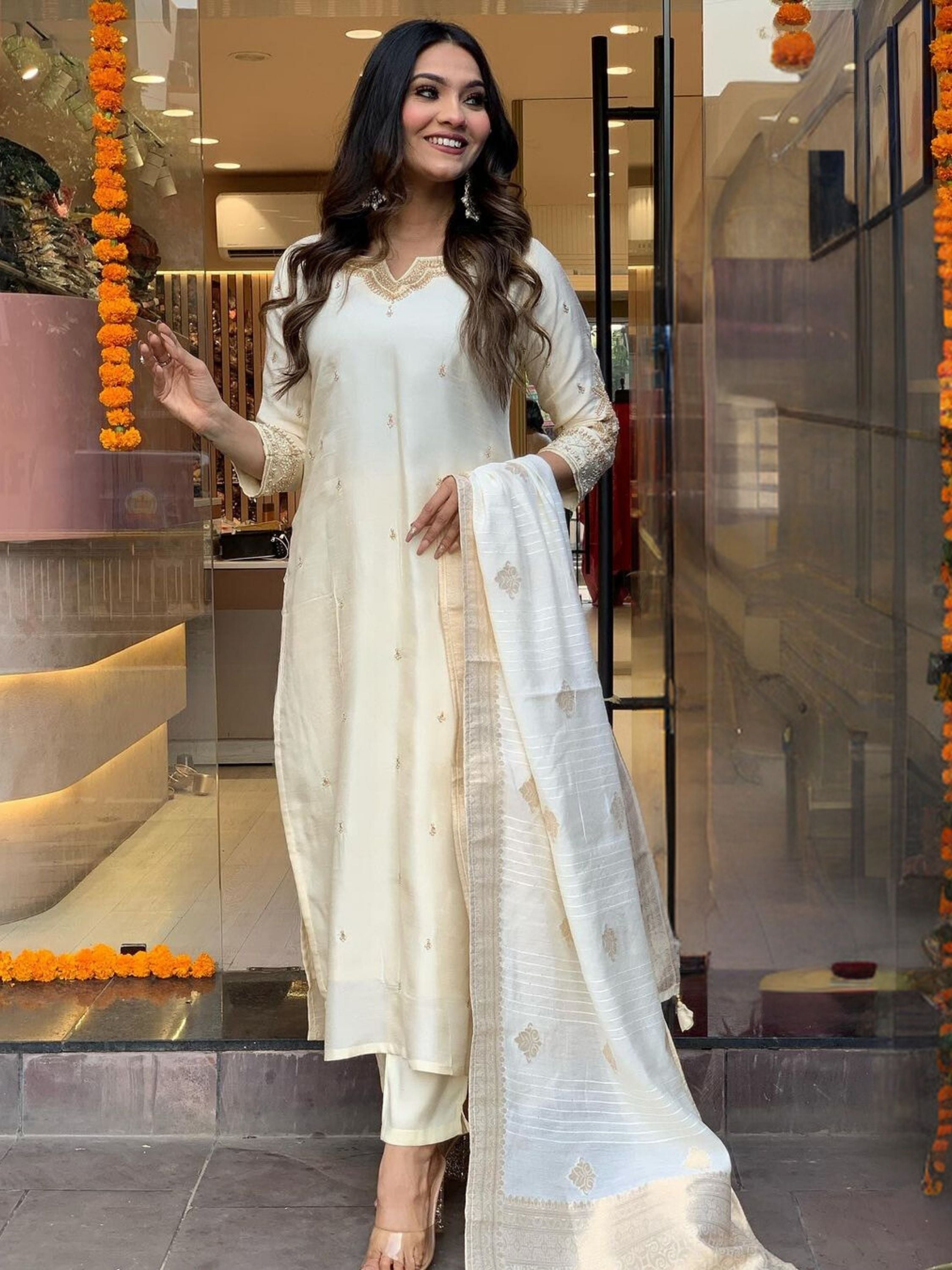 Ceremony Wear Off White Color Viscose Chanderi With Embroidery Straight Kurta Set