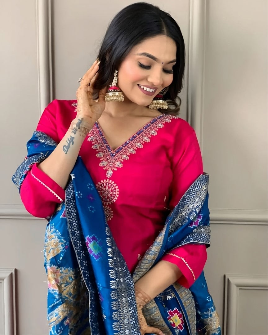 Party Wear Pink Color Viscose Chanderi With Embroidery Work Straight Kurta Set