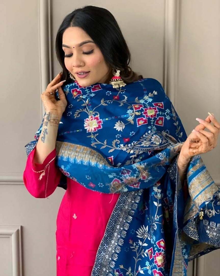 Party Wear Pink Color Viscose Chanderi With Embroidery Work Straight Kurta Set