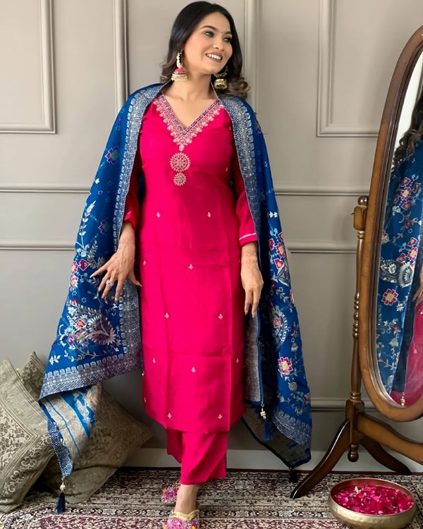 Party Wear Pink Color Viscose Chanderi With Embroidery Work Straight Kurta Set