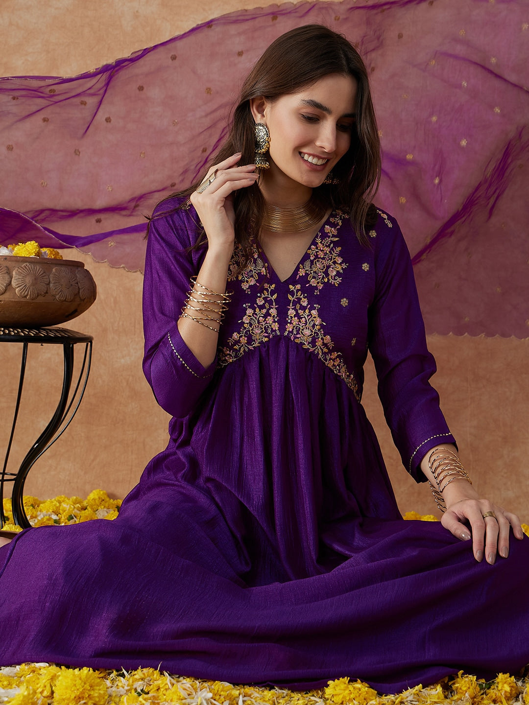 Beautiful Purple Color Designer Embroidery Vichitra Silk Kurta Set