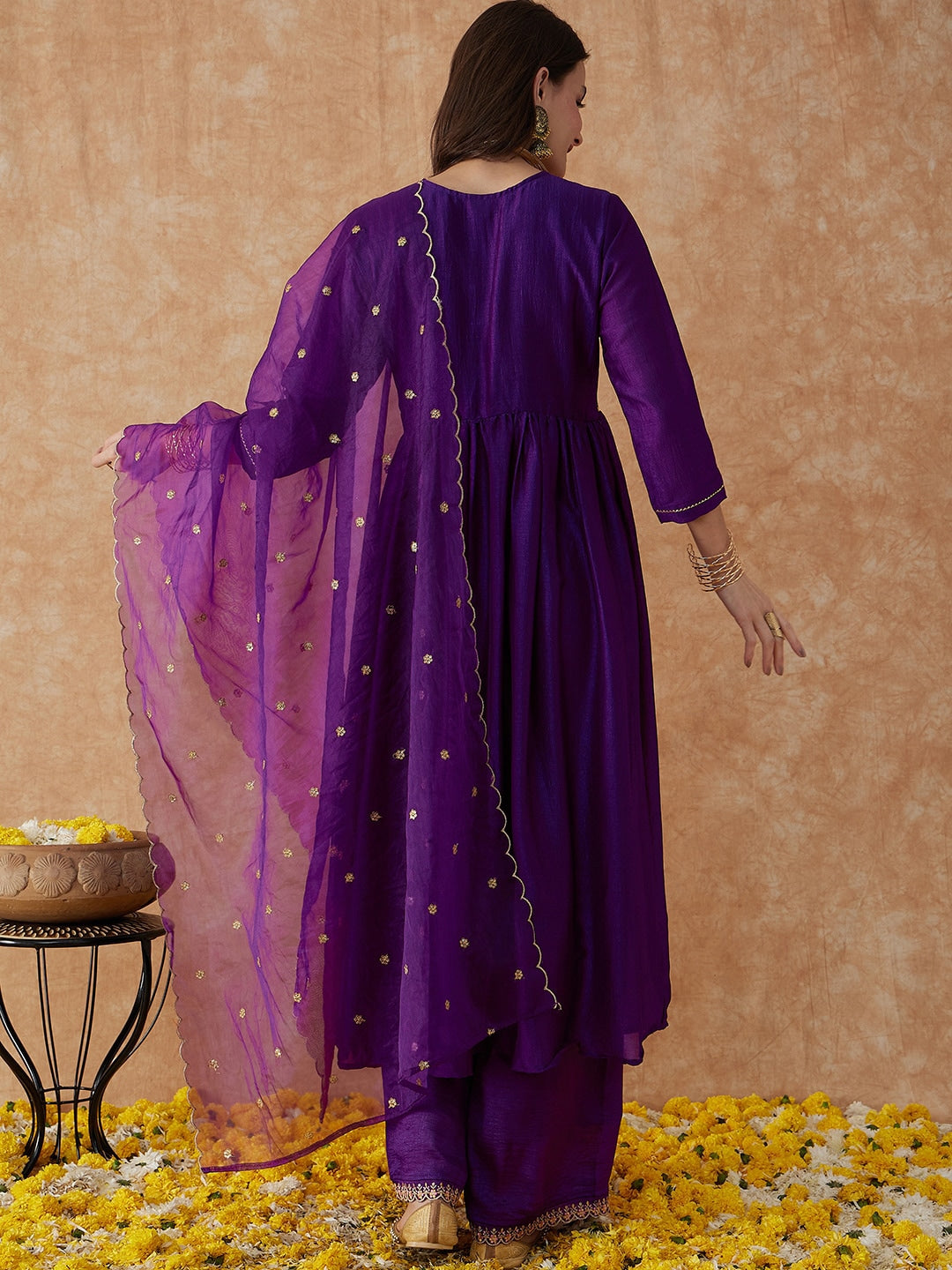Beautiful Purple Color Designer Embroidery Vichitra Silk Kurta Set