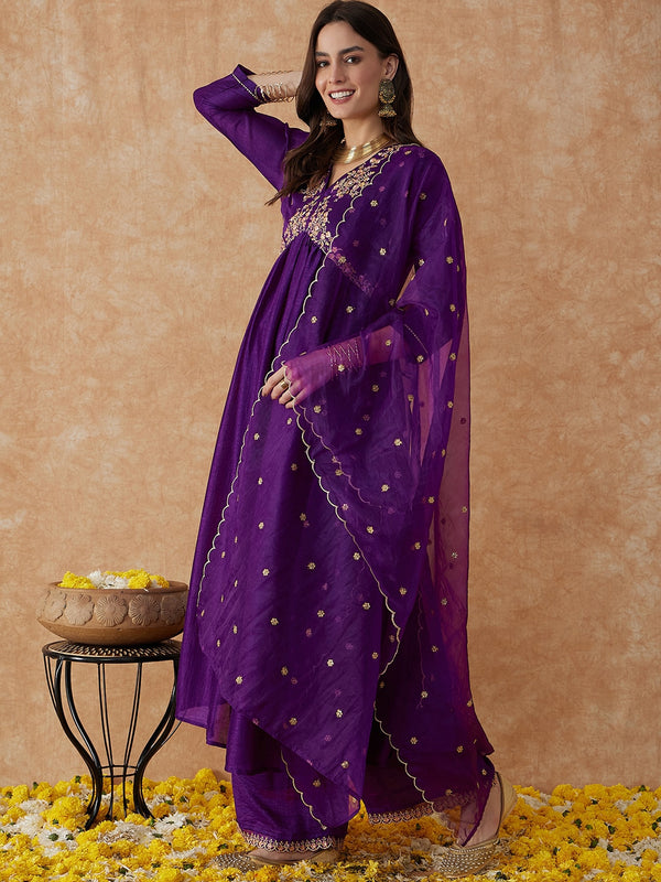 Beautiful Purple Color Designer Embroidery Vichitra Silk Kurta Set