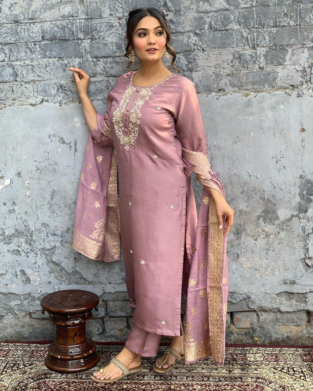 Attractive Onion Color Viscose Chanderi With Embroidery Work Kurta Set