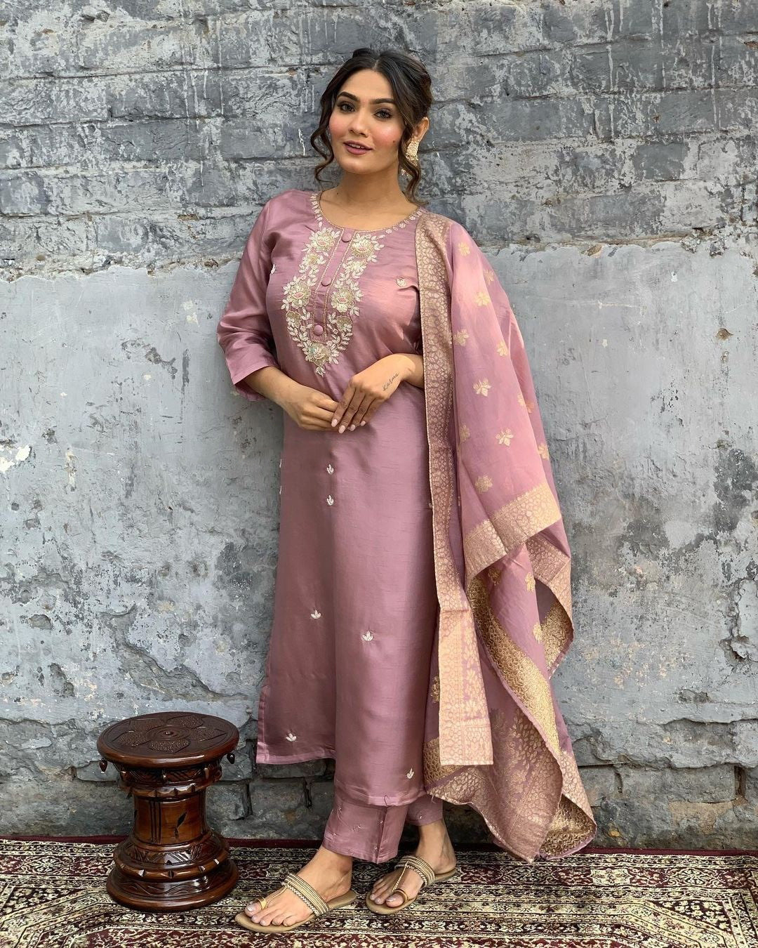 Attractive Onion Color Viscose Chanderi With Embroidery Work Kurta Set