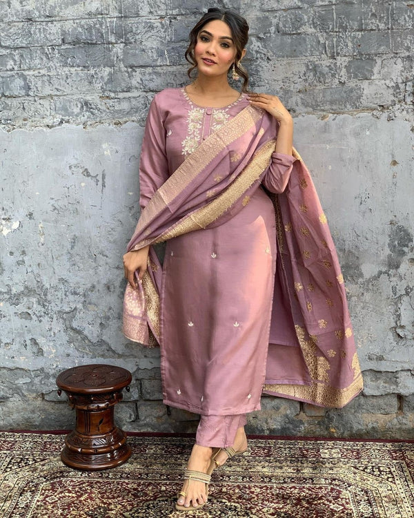 Attractive Onion Color Viscose Chanderi With Embroidery Work Kurta Set