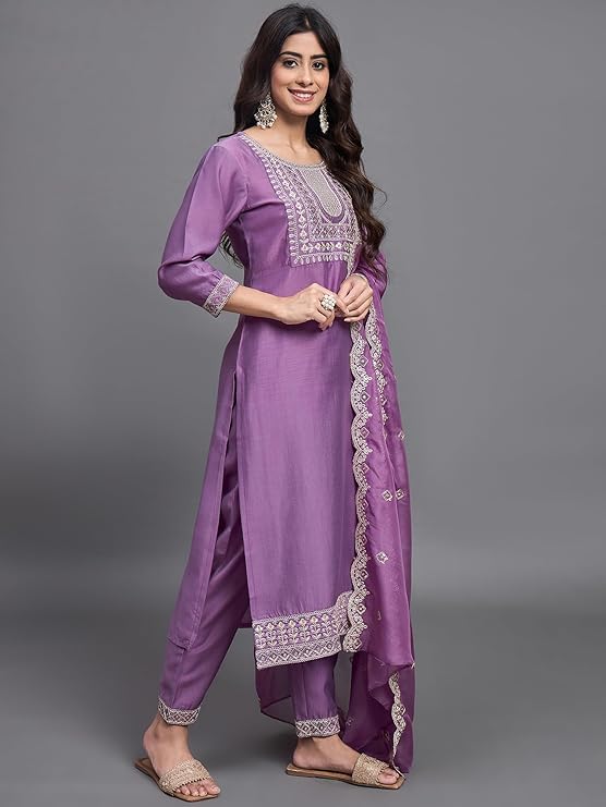Luxuriant Purple Color Chinon Viscose With Embroidered Work Designer Kurta Set