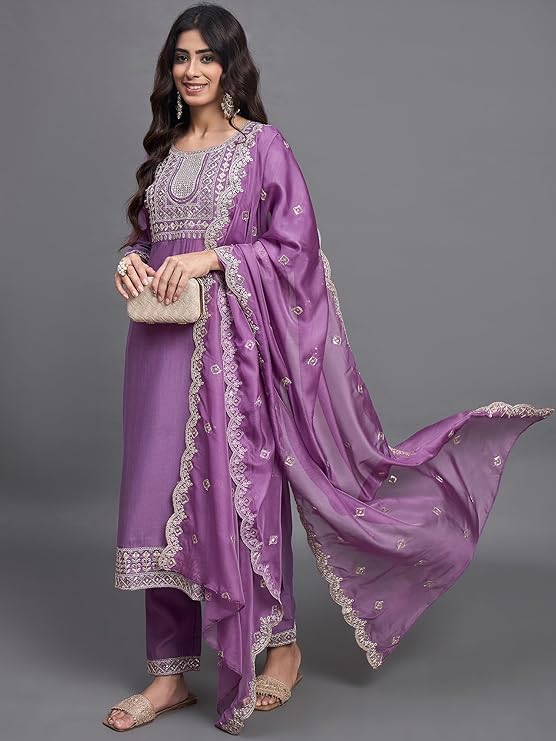 Luxuriant Purple Color Chinon Viscose With Embroidered Work Designer Kurta Set