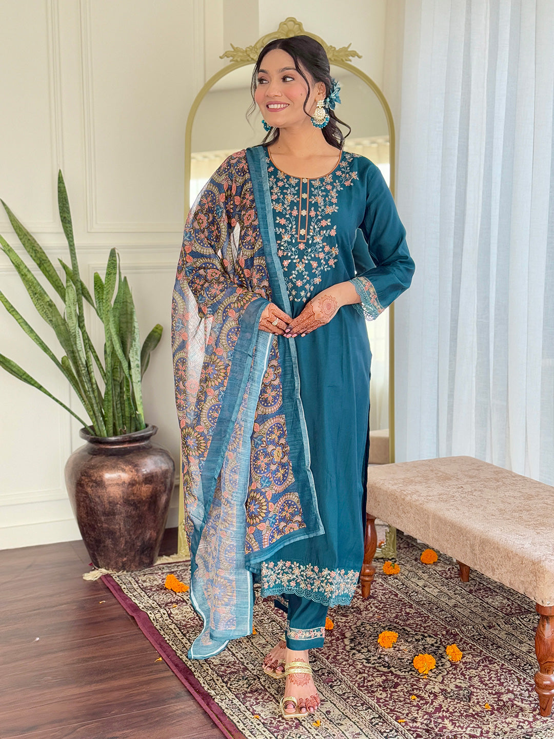 Delightful Teal Color Viscose Chanderi With Embroidery Work Beautiful Kurta Set