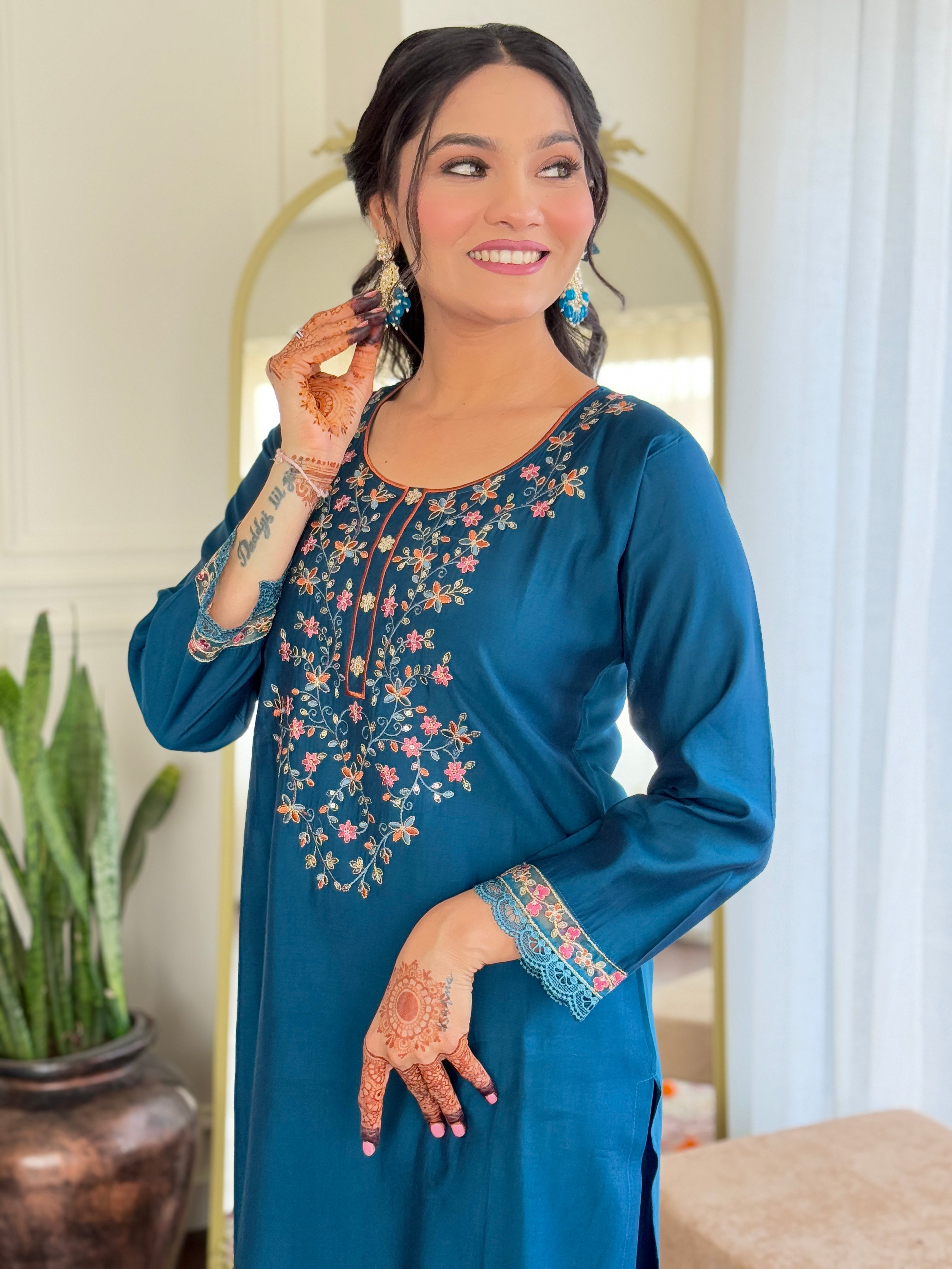 Delightful Teal Color Viscose Chanderi With Embroidery Work Beautiful Kurta Set