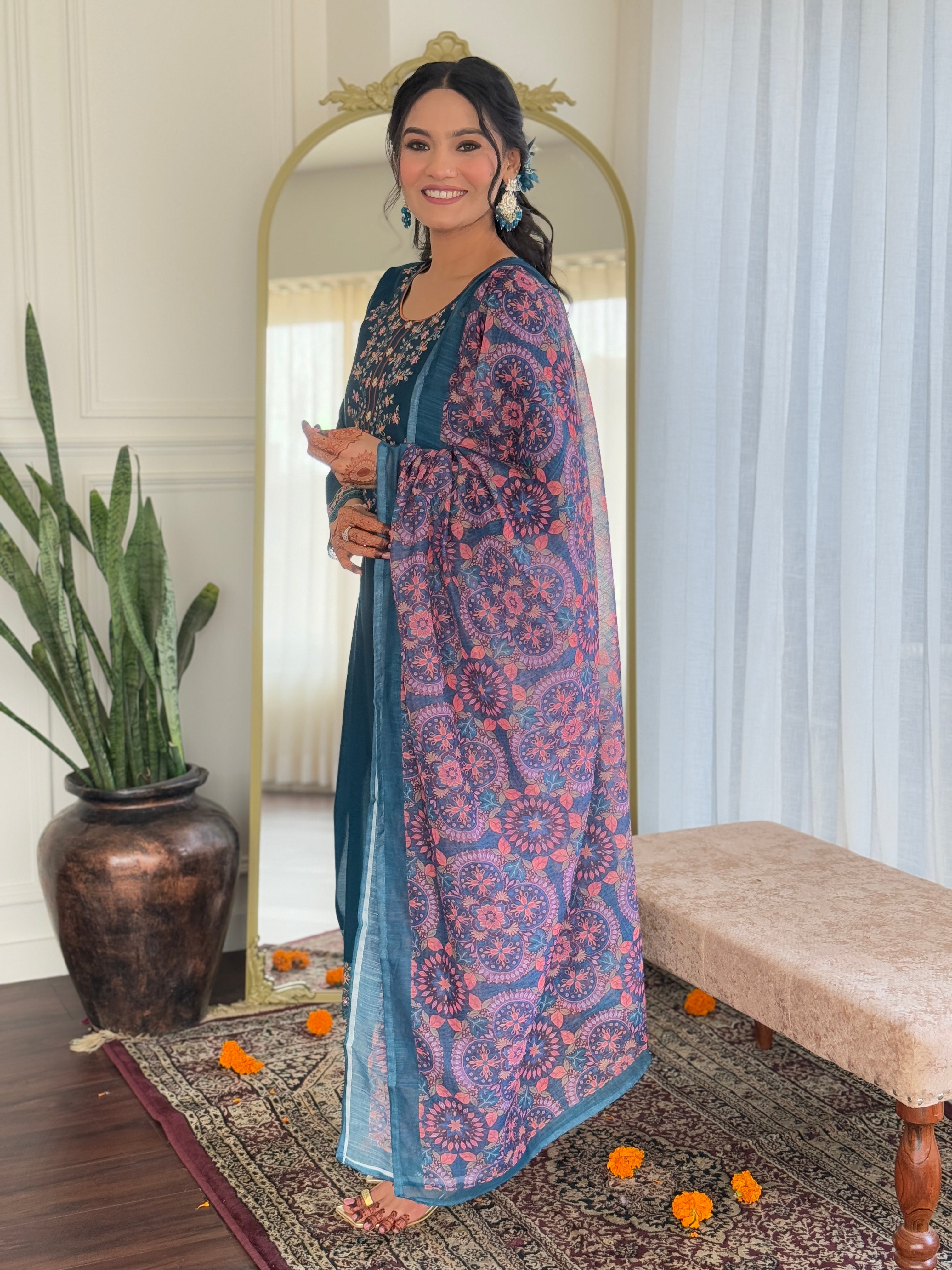 Delightful Teal Color Viscose Chanderi With Embroidery Work Beautiful Kurta Set