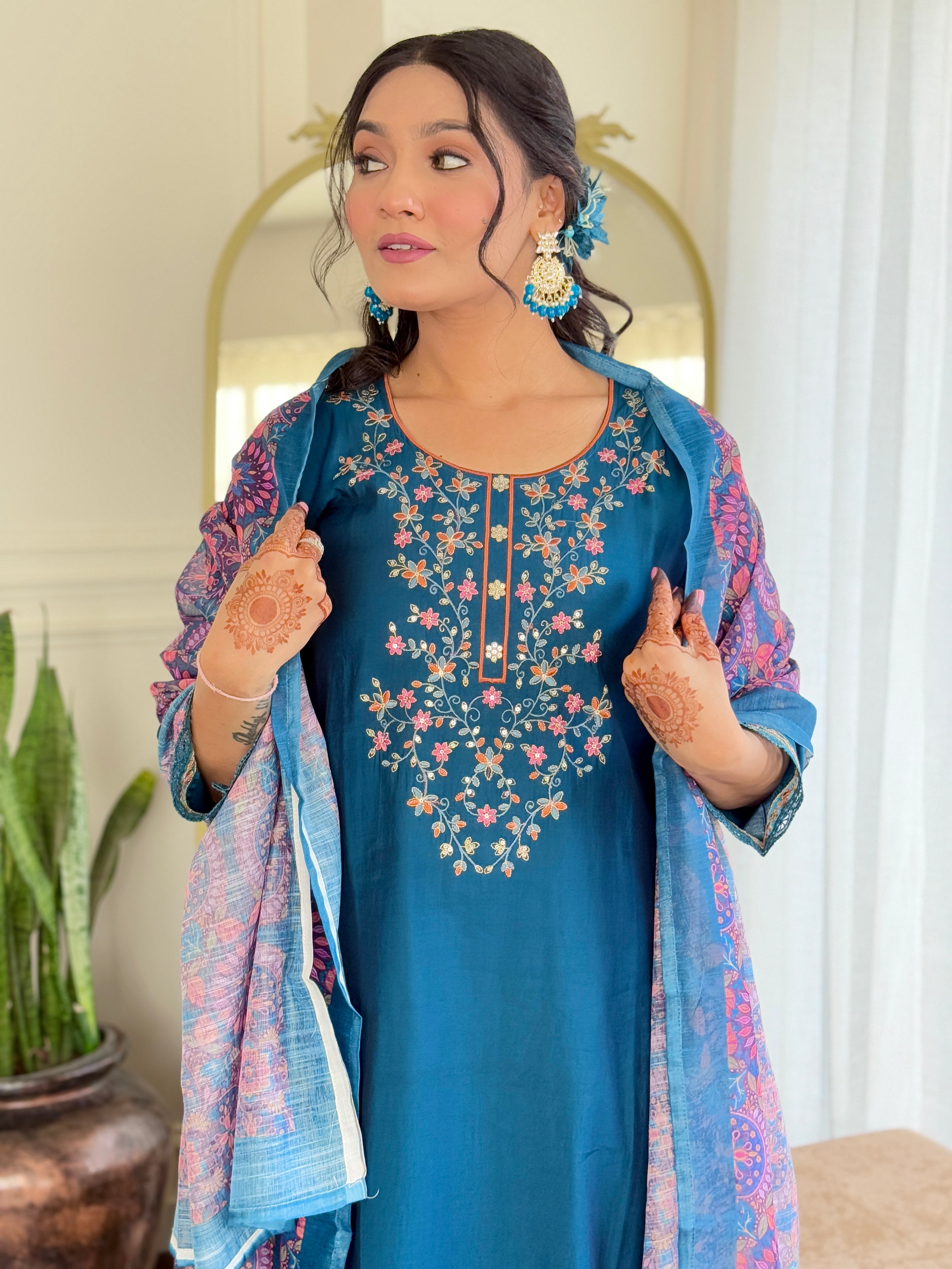Delightful Teal Color Viscose Chanderi With Embroidery Work Beautiful Kurta Set