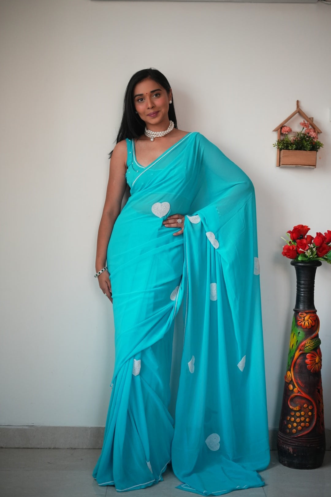 Heart Design Ready To Wear Sky Blue Color Saree