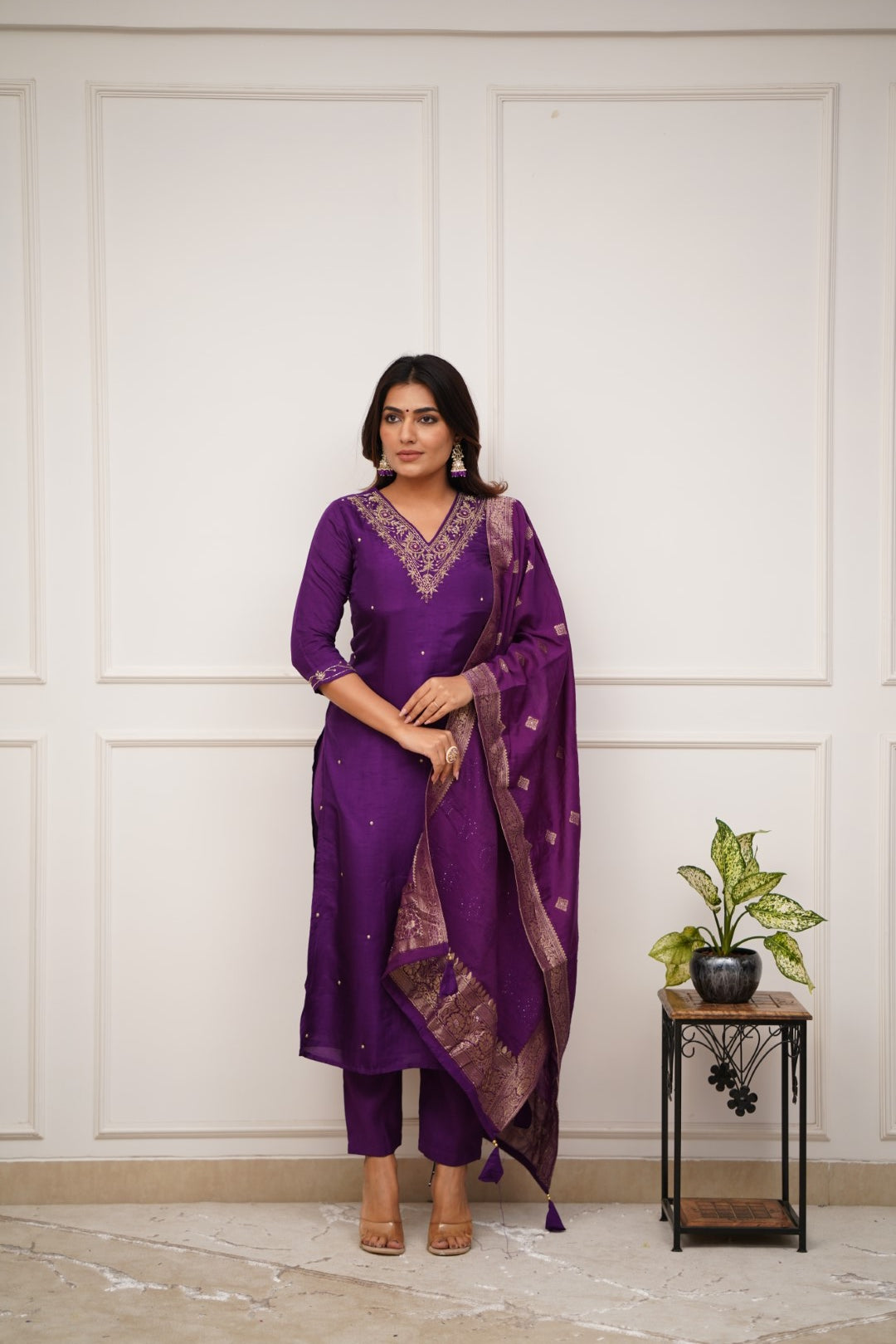 Charming Purple Color Viscose Chanderi With Embroidery Work Beautiful Kurta Set
