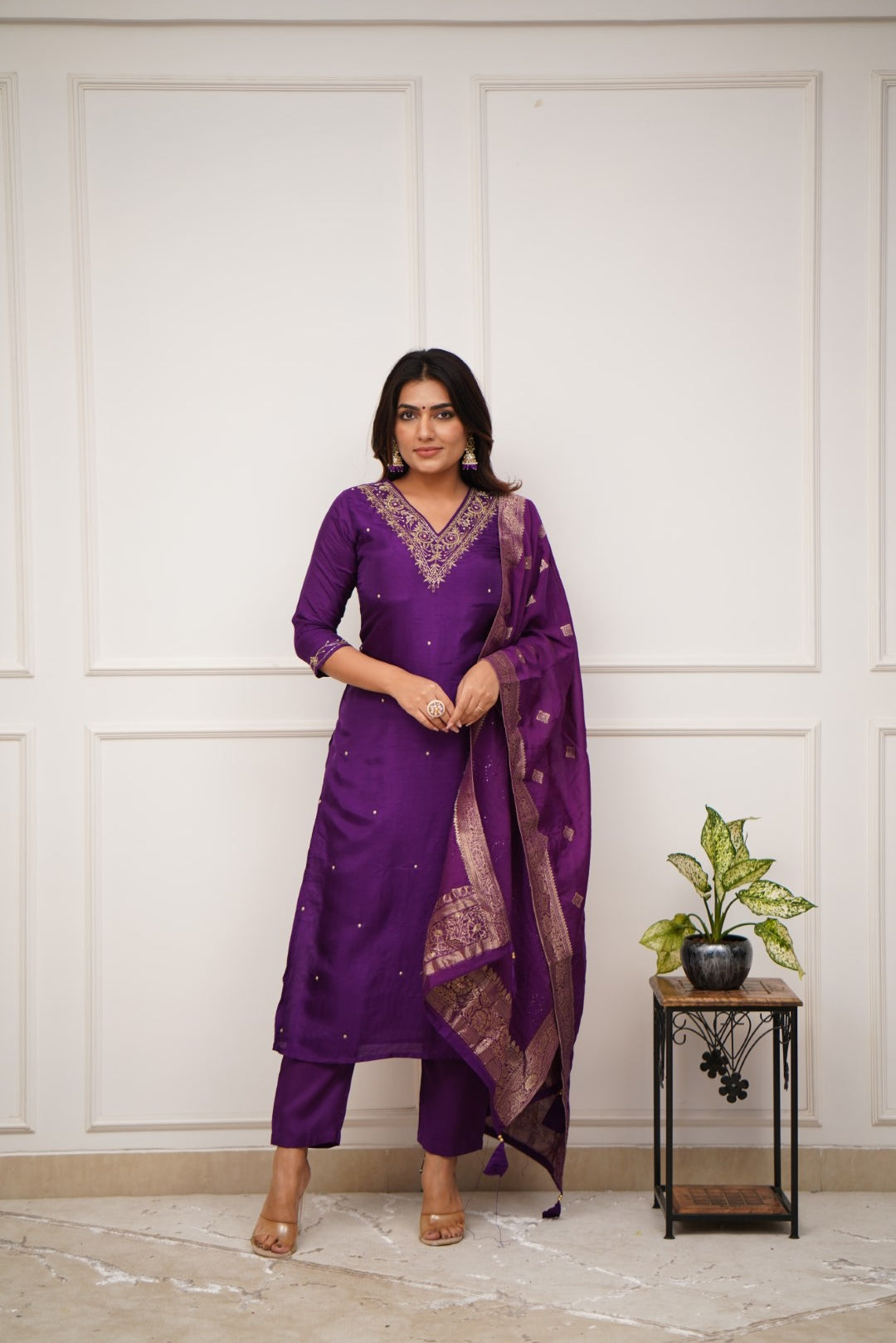 Charming Purple Color Viscose Chanderi With Embroidery Work Beautiful Kurta Set