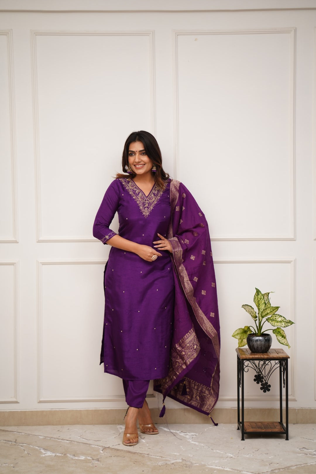 Charming Purple Color Viscose Chanderi With Embroidery Work Beautiful Kurta Set