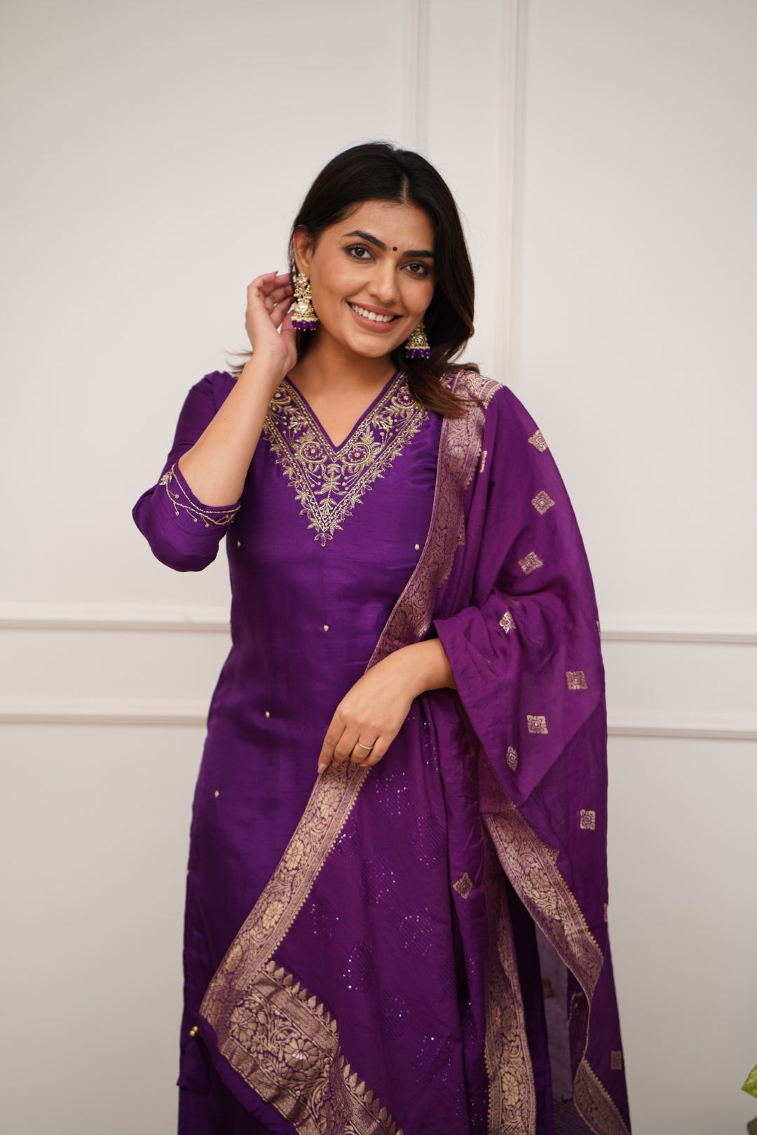 Charming Purple Color Viscose Chanderi With Embroidery Work Beautiful Kurta Set
