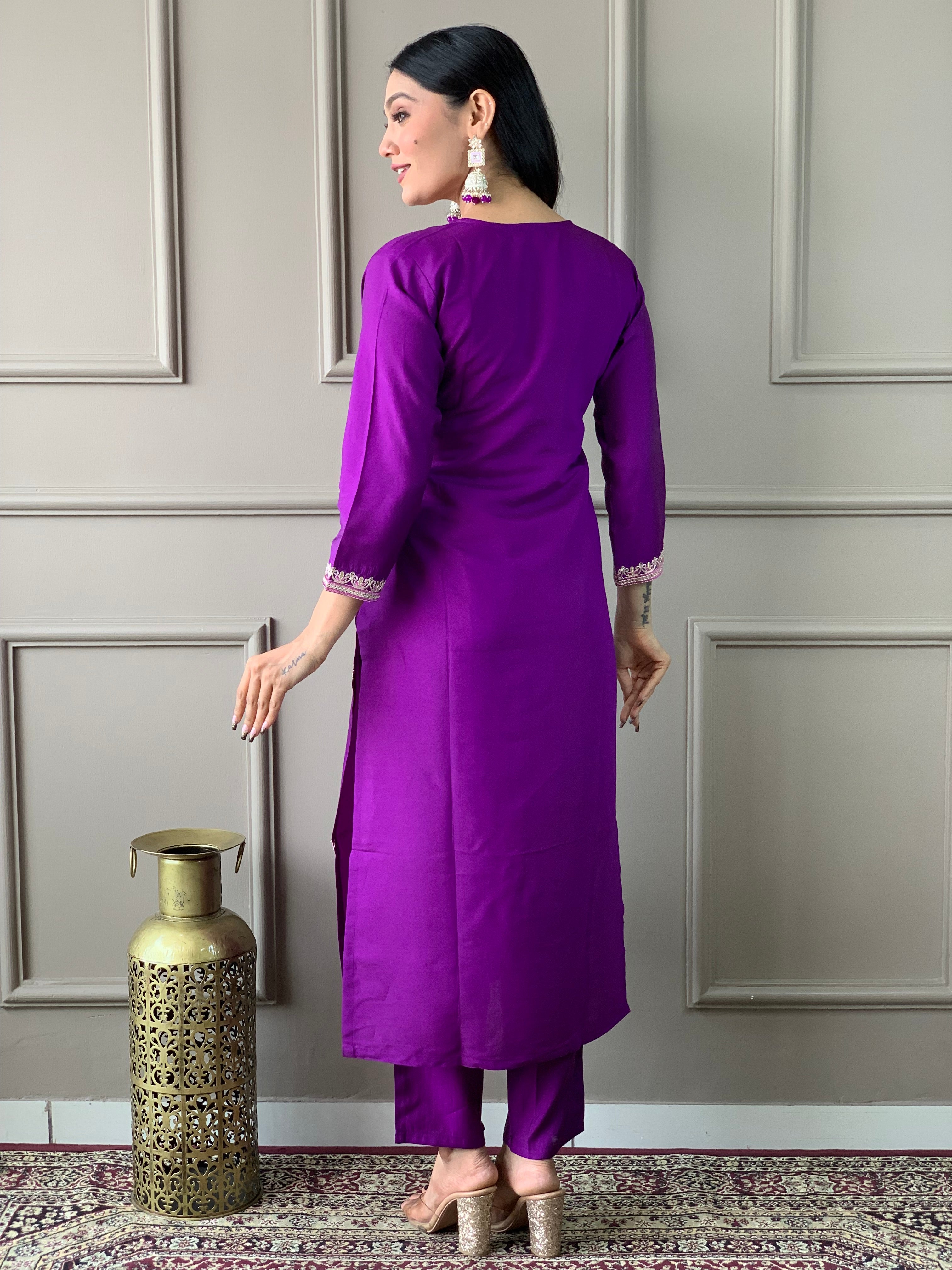 Charming Purple Color Viscose Chanderi With Embroidery Work Beautiful Kurta Set
