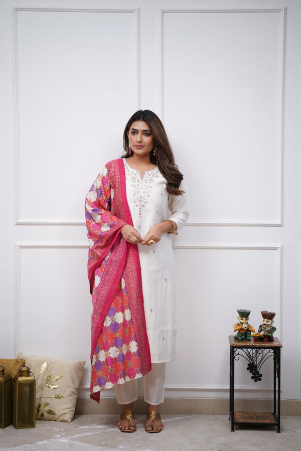 Party Wear White Color Embroidered Work With Chanderi Silk Beautiful Kurta Set