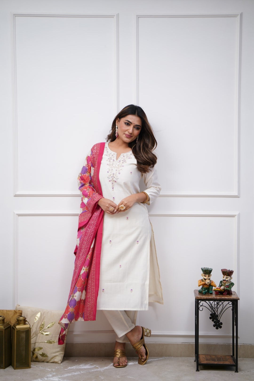 Party Wear White Color Embroidered Work With Chanderi Silk Beautiful Kurta Set