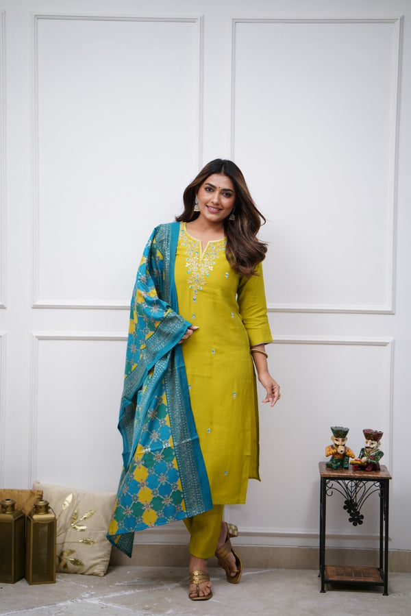 Party Wear Lemon Color Embroidered Work With Chanderi Silk Beautiful Kurta Set