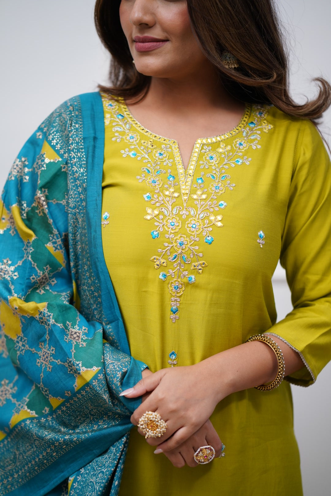 Party Wear Lemon Color Embroidered Work With Chanderi Silk Beautiful Kurta Set
