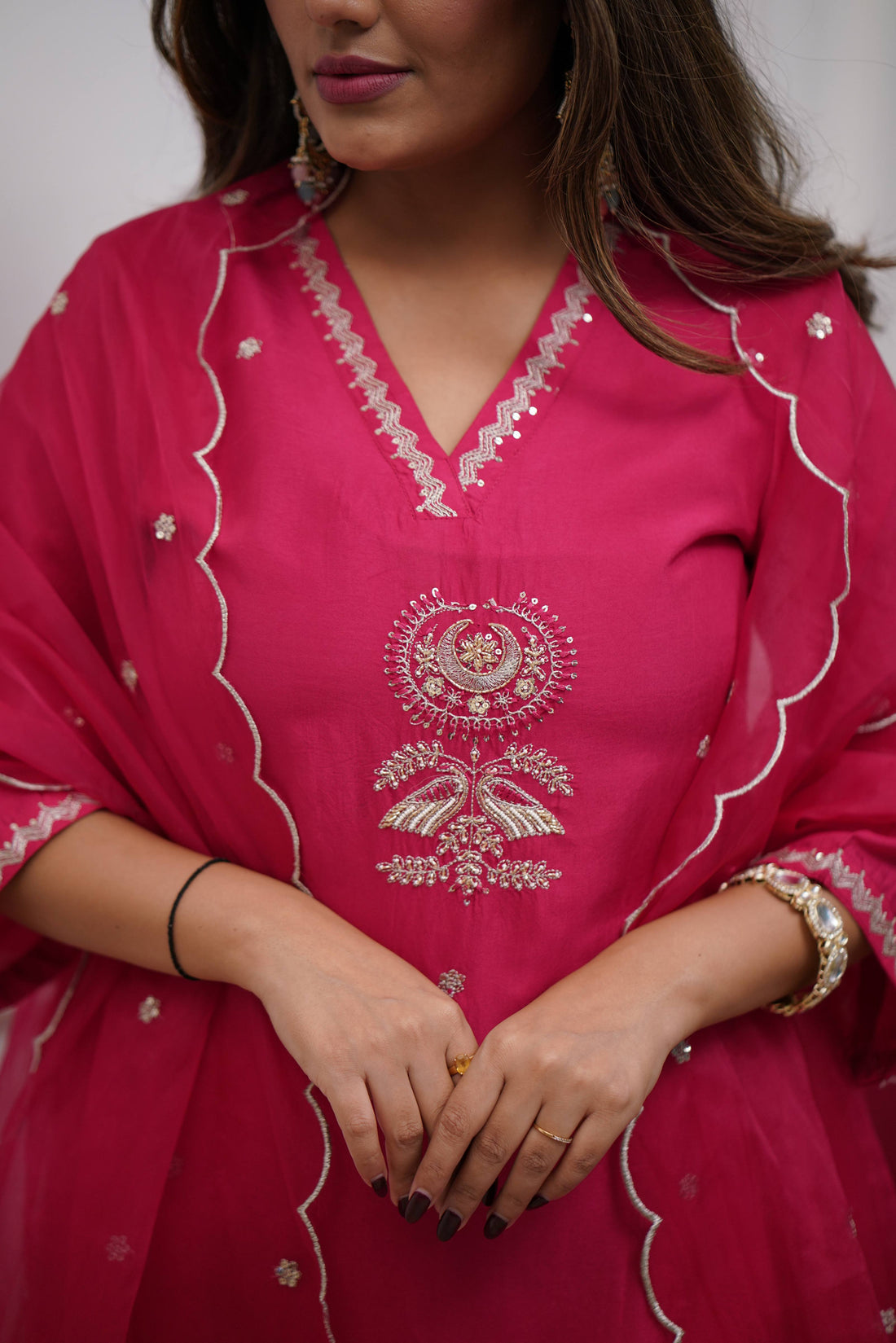 Stylish Rani Color Viscose Chanderi With Embroidery Work Beautiful Kurta Set
