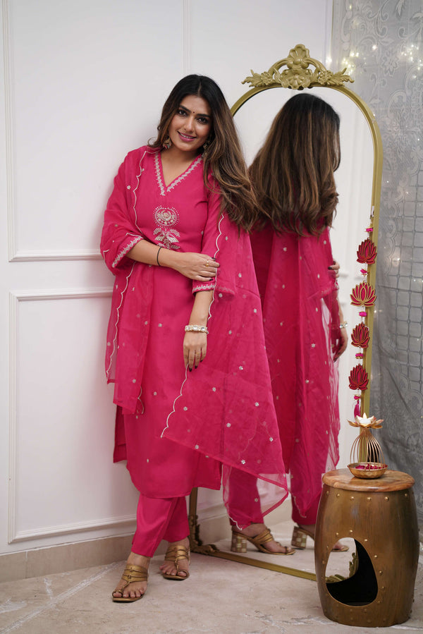 Stylish Rani Color Viscose Chanderi With Embroidery Work Beautiful Kurta Set