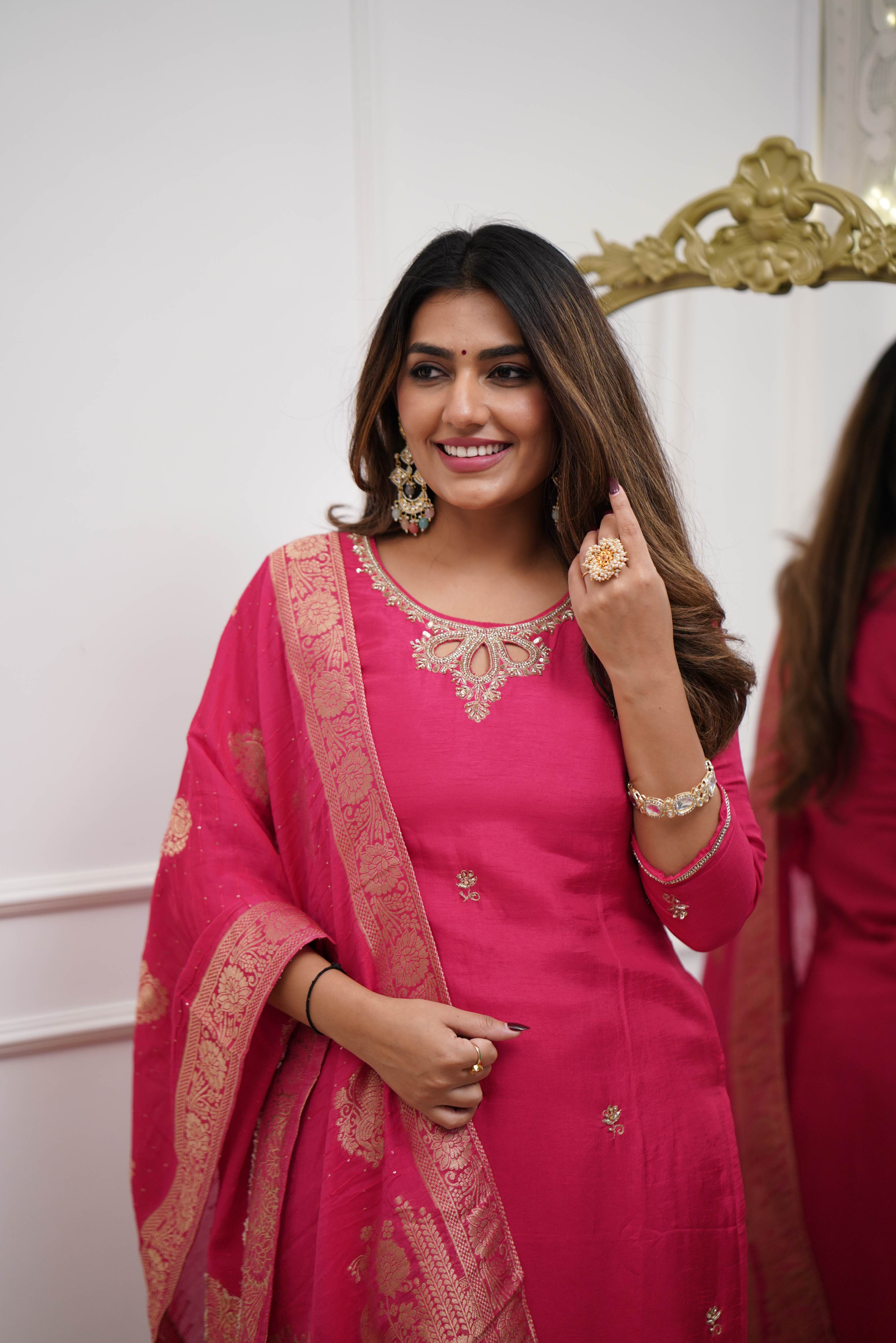 Designer Pink Color Viscose Chanderi With Embroidery Work Beautiful Kurta Set