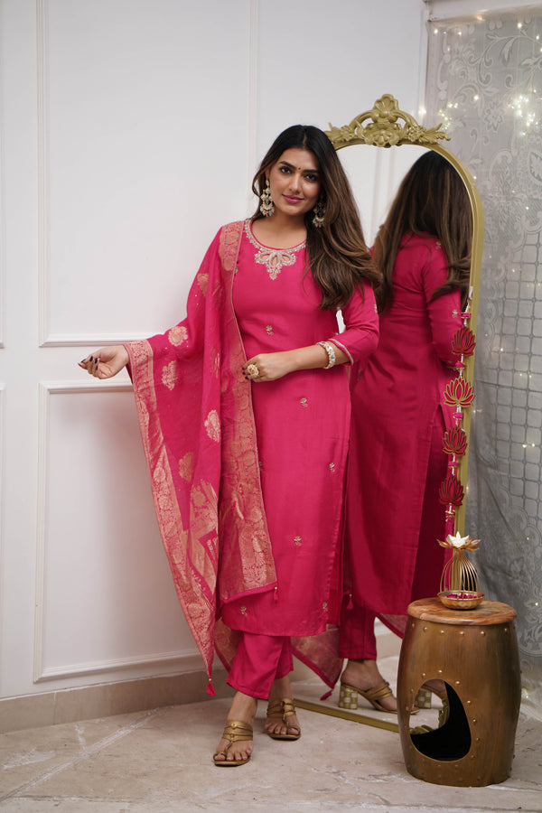 Designer Pink Color Viscose Chanderi With Embroidery Work Beautiful Kurta Set