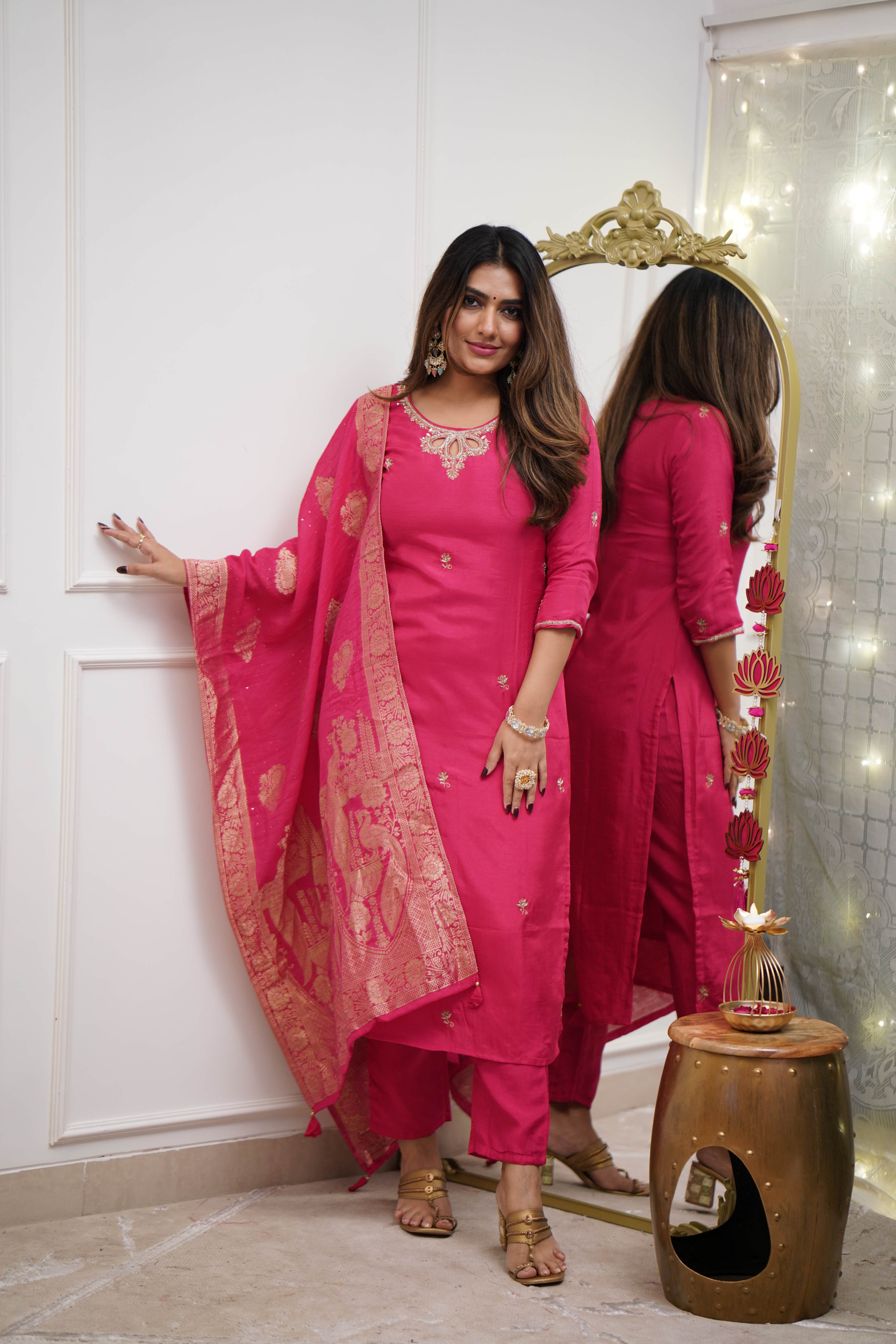 Designer Pink Color Viscose Chanderi With Embroidery Work Beautiful Kurta Set