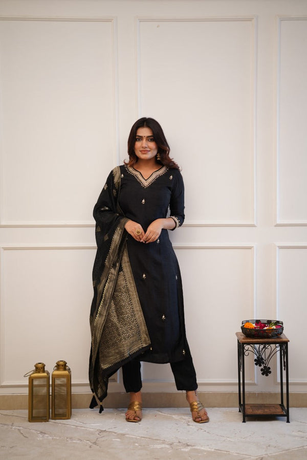 Captivating Black Color Viscose Chanderi With Embroidered Work Kurta Set