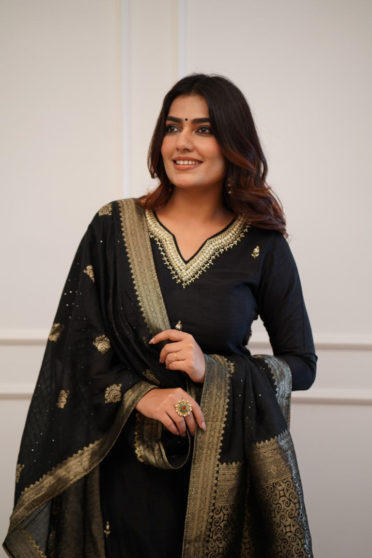 Captivating Black Color Viscose Chanderi With Embroidered Work Kurta Set