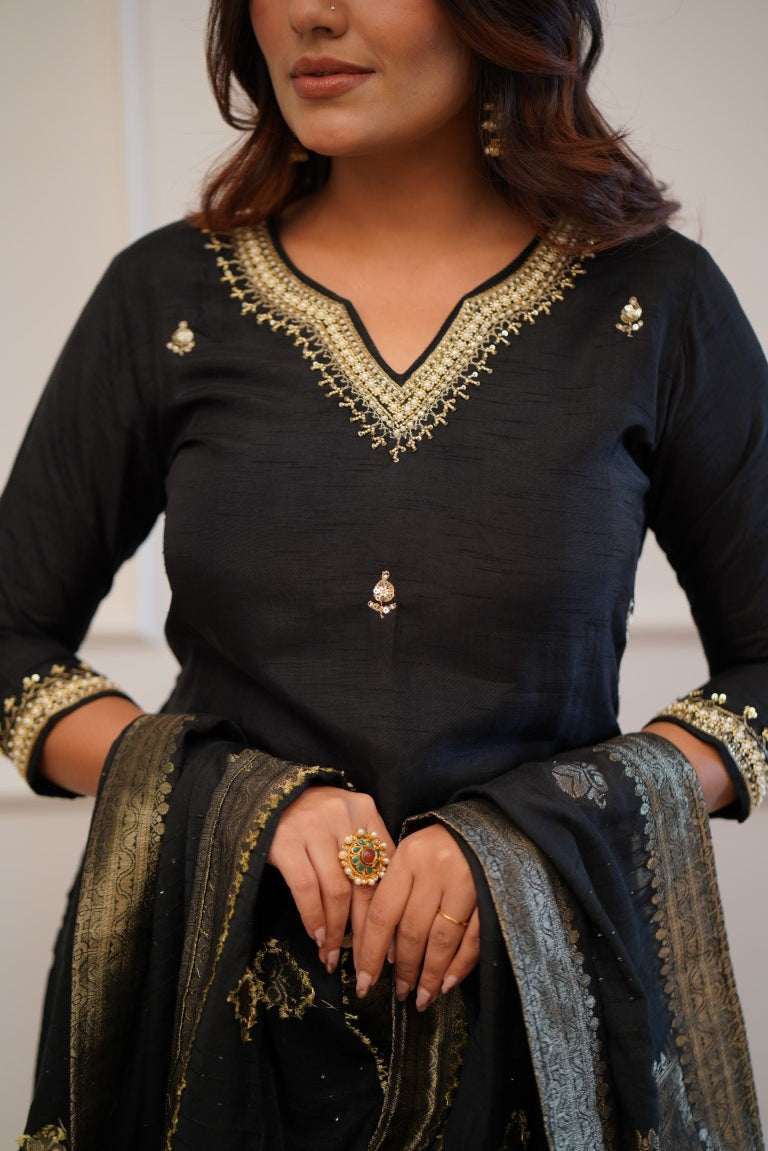 Captivating Black Color Viscose Chanderi With Embroidered Work Kurta Set