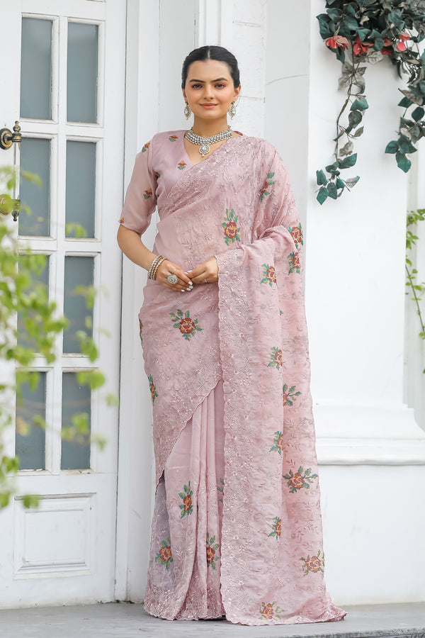 Marvelous Embroidory Cutwork Peach Saree