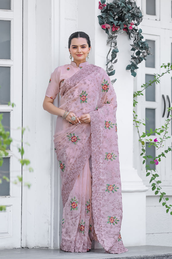 Marvelous Embroidory Cutwork Pink Saree