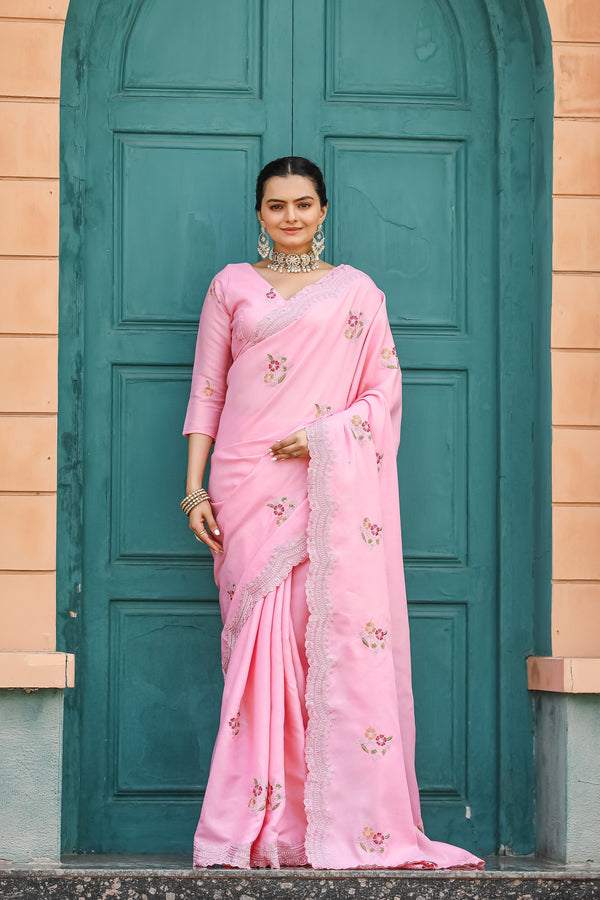 Floral Embroidery Cutwork Light Pink Color Saree