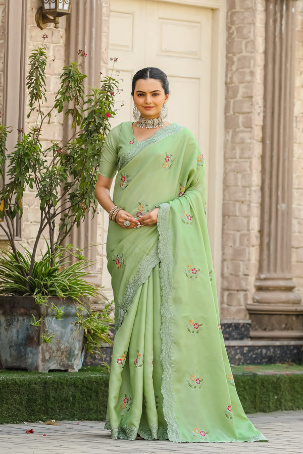 Floral Embroidery Cutwork Pista Color Saree