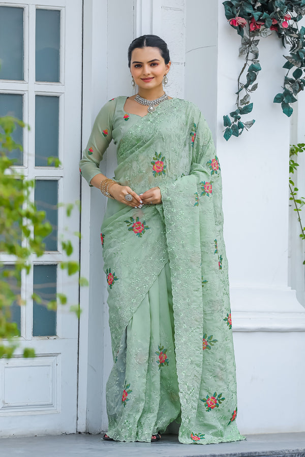 Marvelous Embroidory Cutwork Pista Saree