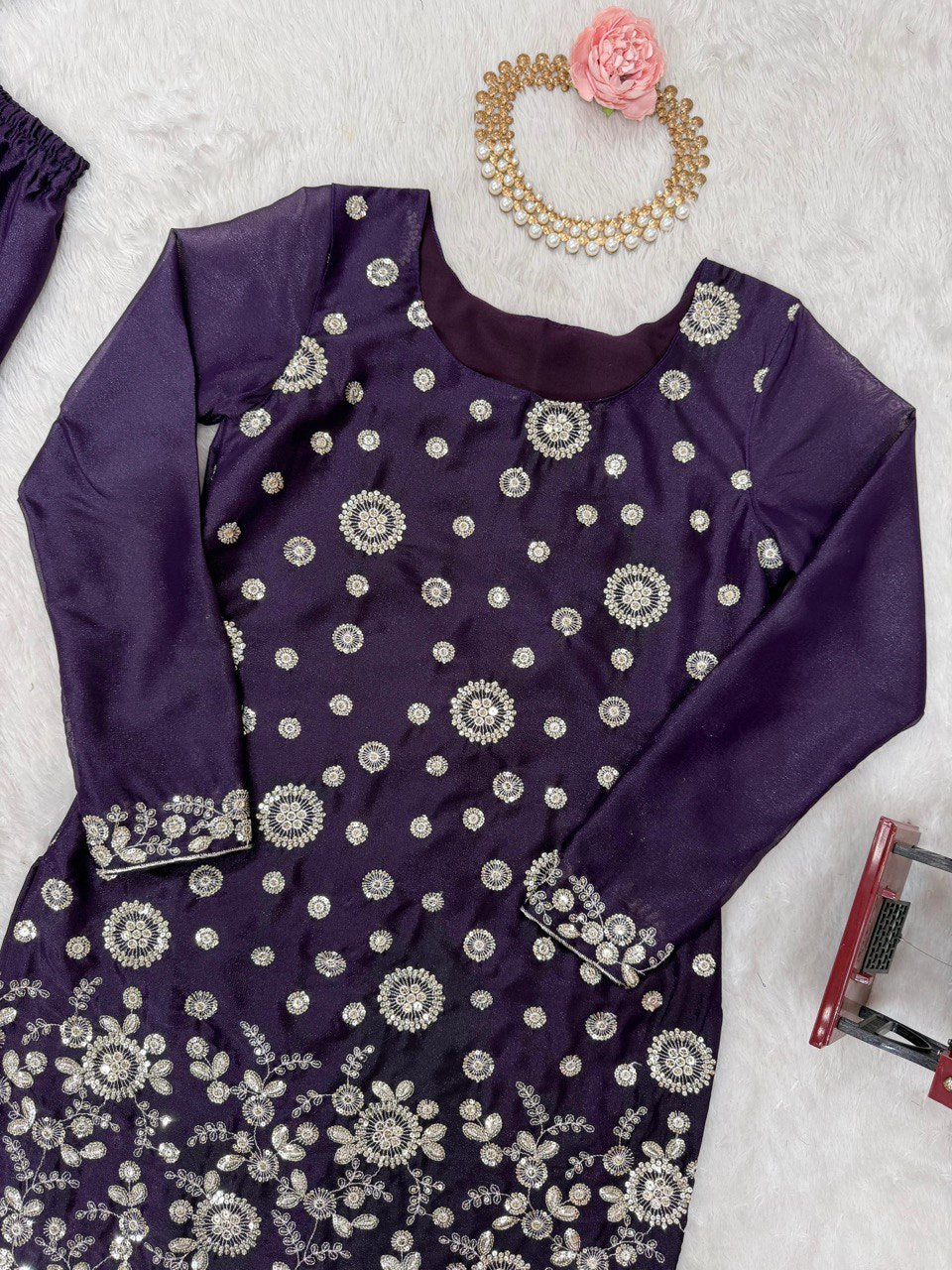 Wedding Wear Purple Star Georgette Thread With Sequence Work Sharara Suit
