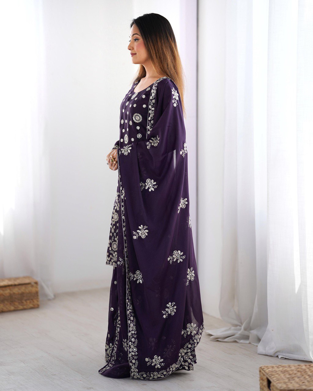 Wedding Wear Purple Star Georgette Thread With Sequence Work Sharara Suit