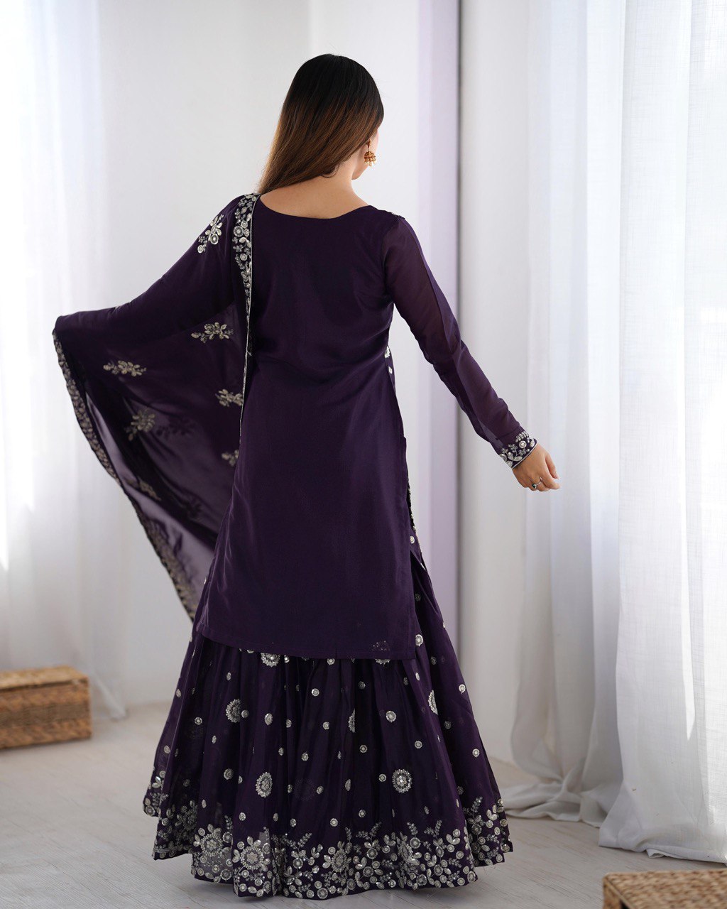 Wedding Wear Purple Star Georgette Thread With Sequence Work Sharara Suit
