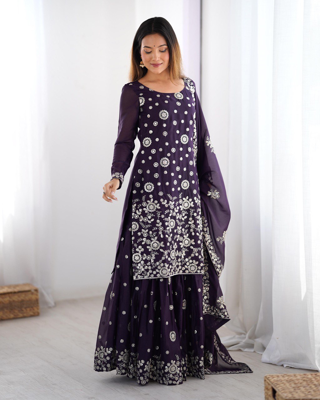 Wedding Wear Purple Star Georgette Thread With Sequence Work Sharara Suit
